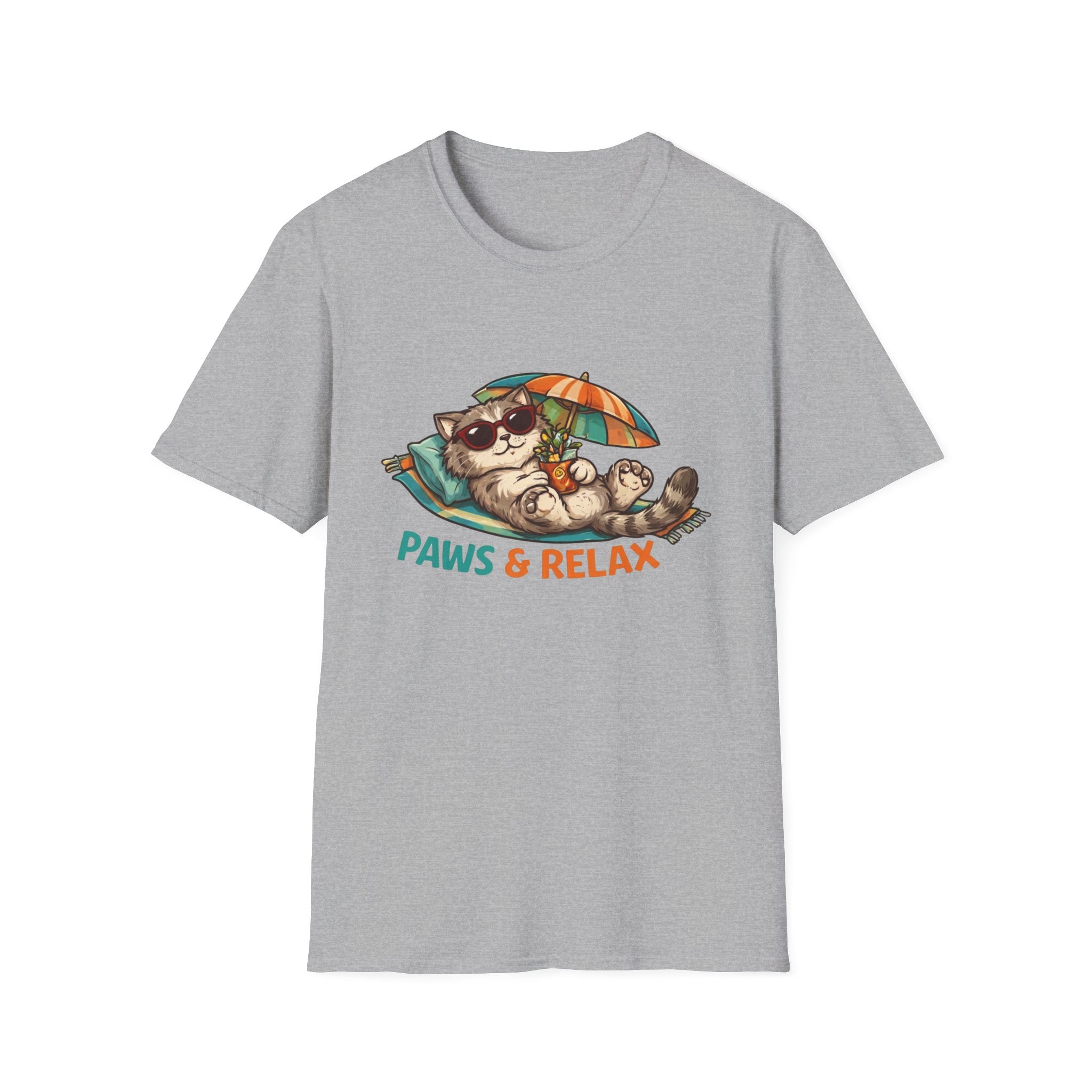 Gray t-shirt with a raccoon graphic and 'Paws & Relax' text on a white background