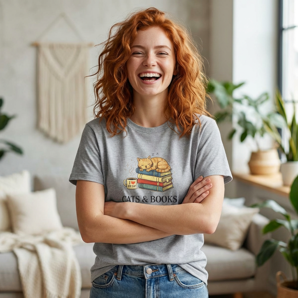 Woman wearing a t-shirt with a cat and books design in a living room.