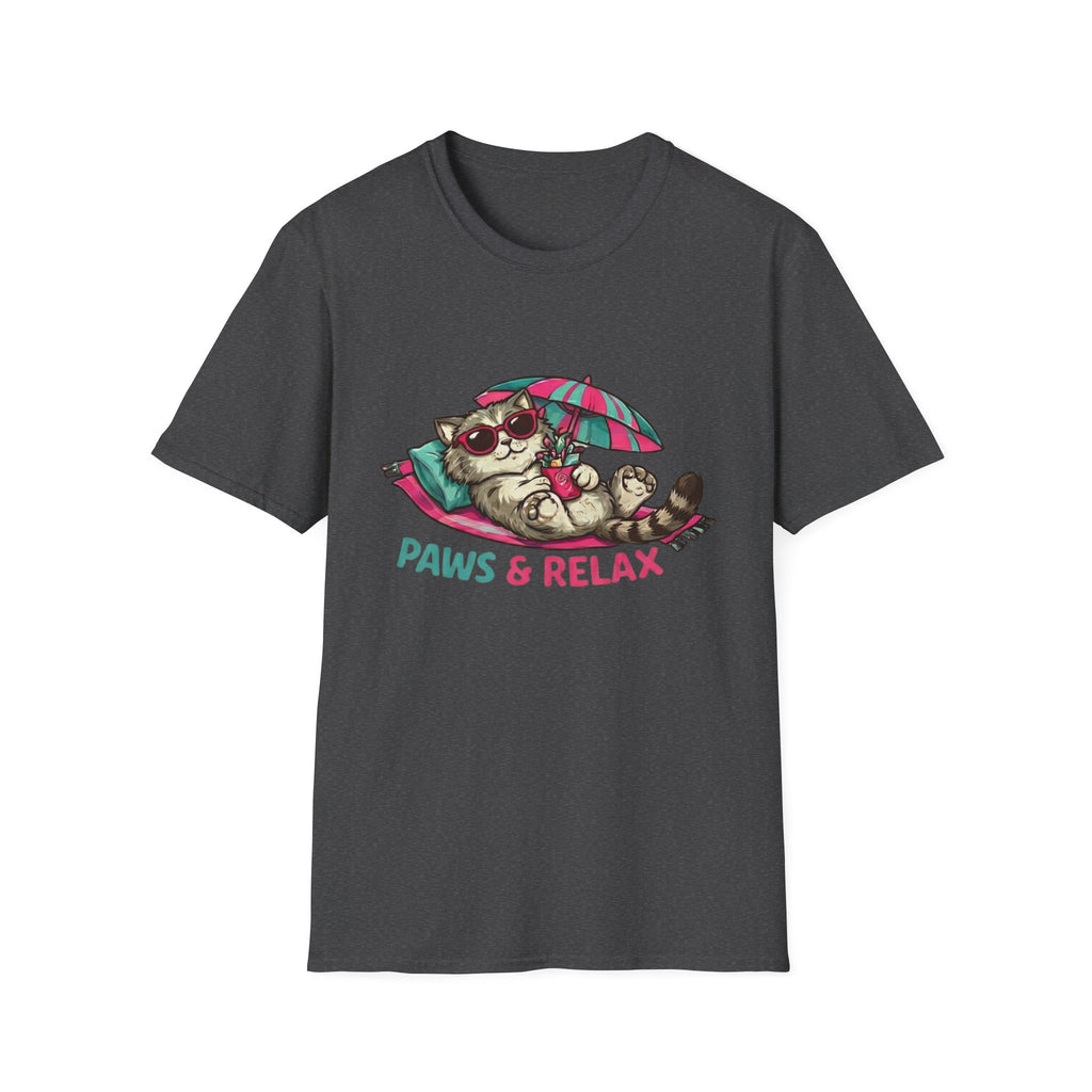 Dark gray t-shirt with a cat graphic and 'Paws & Relax' text on a white background