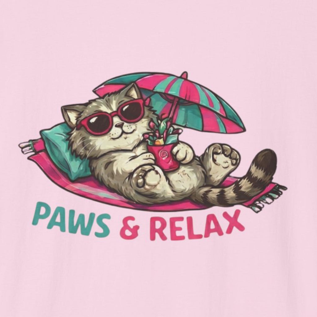 Cartoon cat with sunglasses and umbrella on a pink background with 'Paws & Relax' text.
