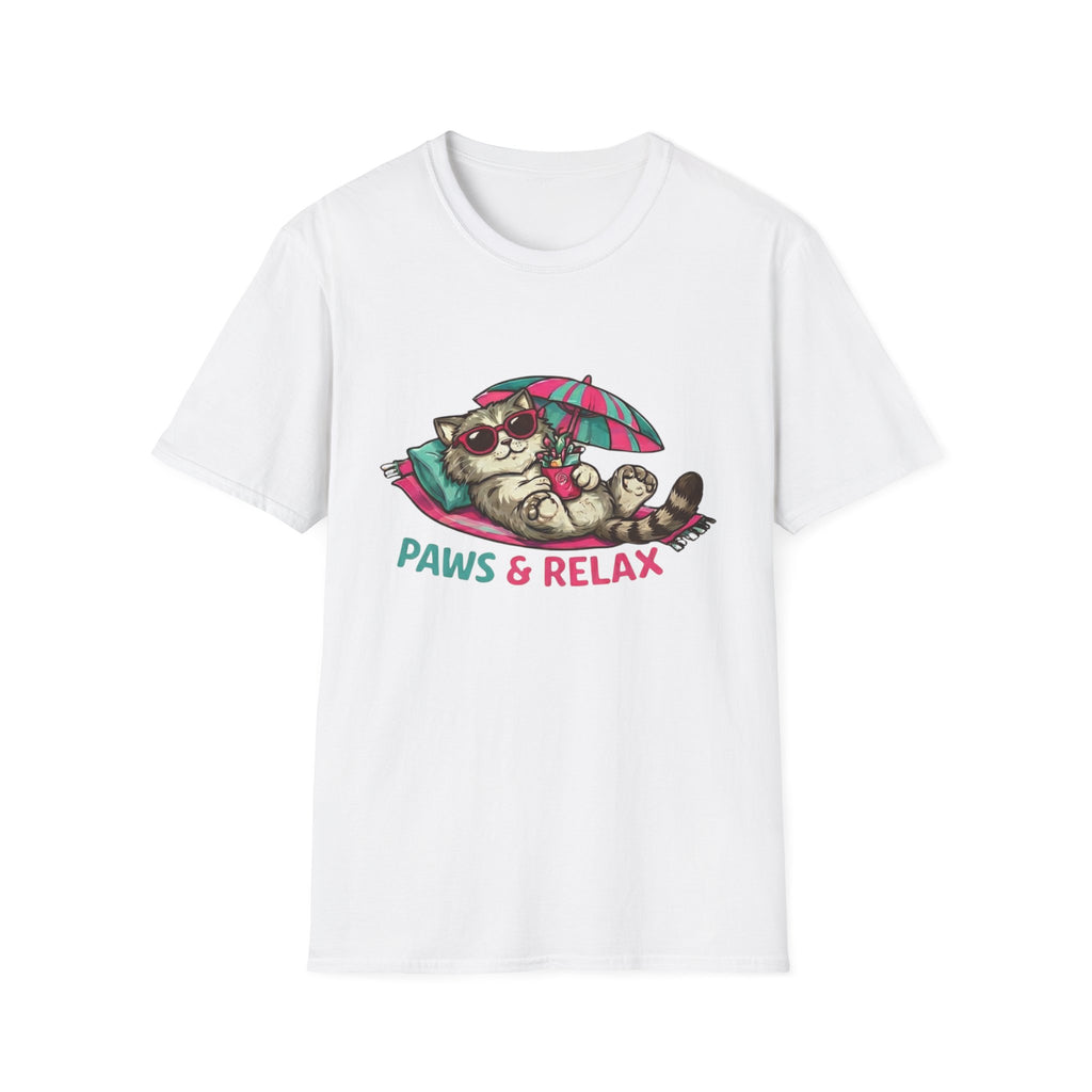 White t-shirt with a cat graphic and 'Paws & Relax' text on a white background