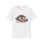 White t-shirt with a cat graphic and 'Paws & Relax' text on a white background