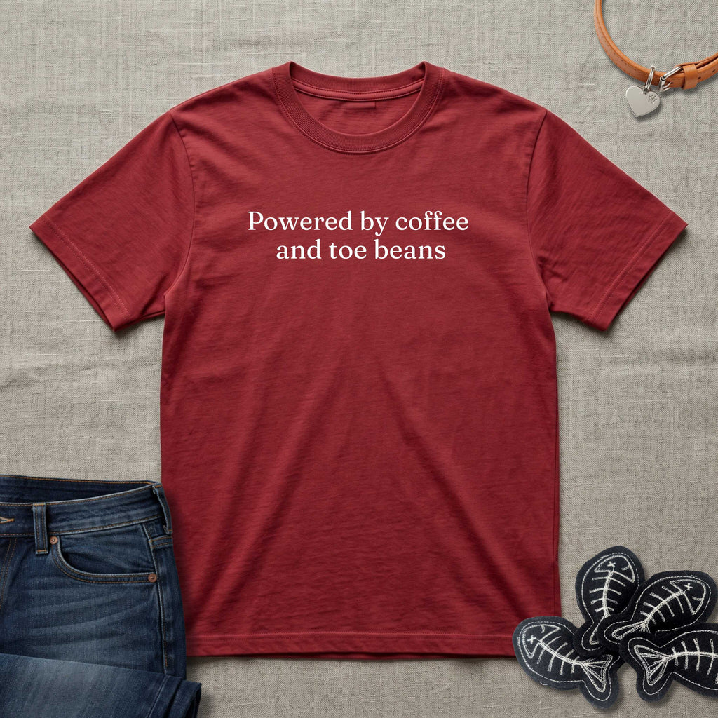 Powered by Coffee and Toe Beans Text Cat T-Shirt