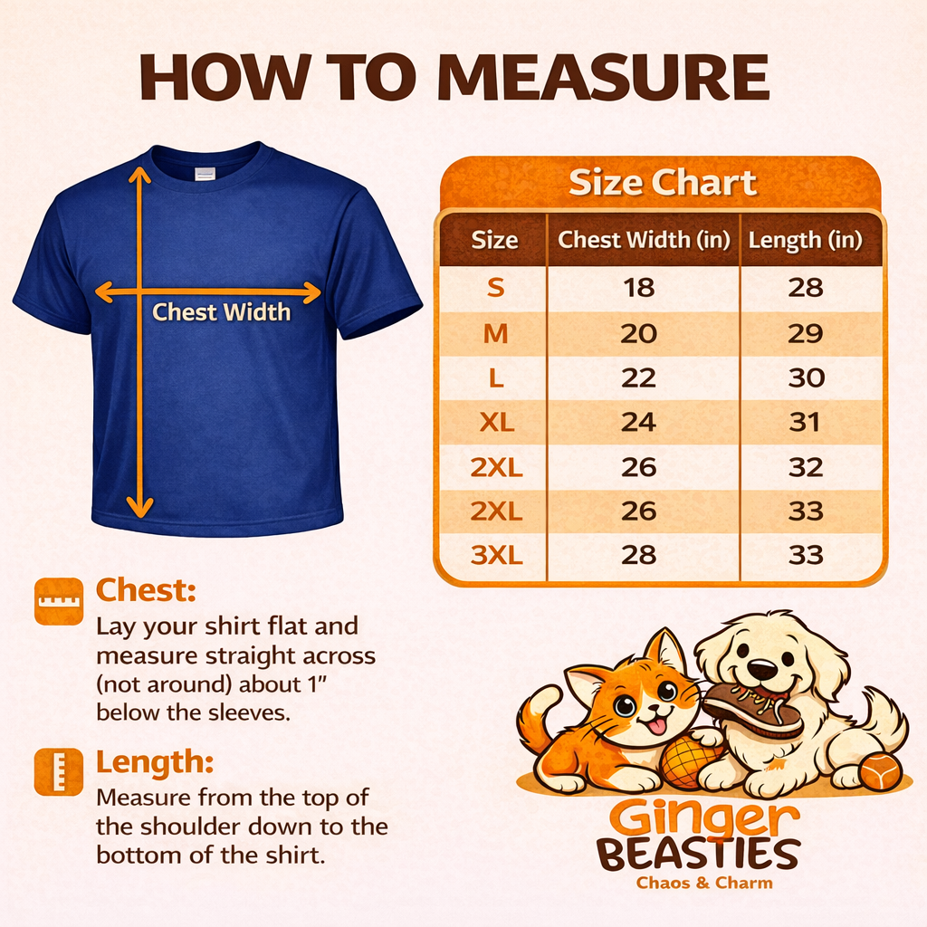 Size chart for shirts with measurements and Ginger Beasties branding