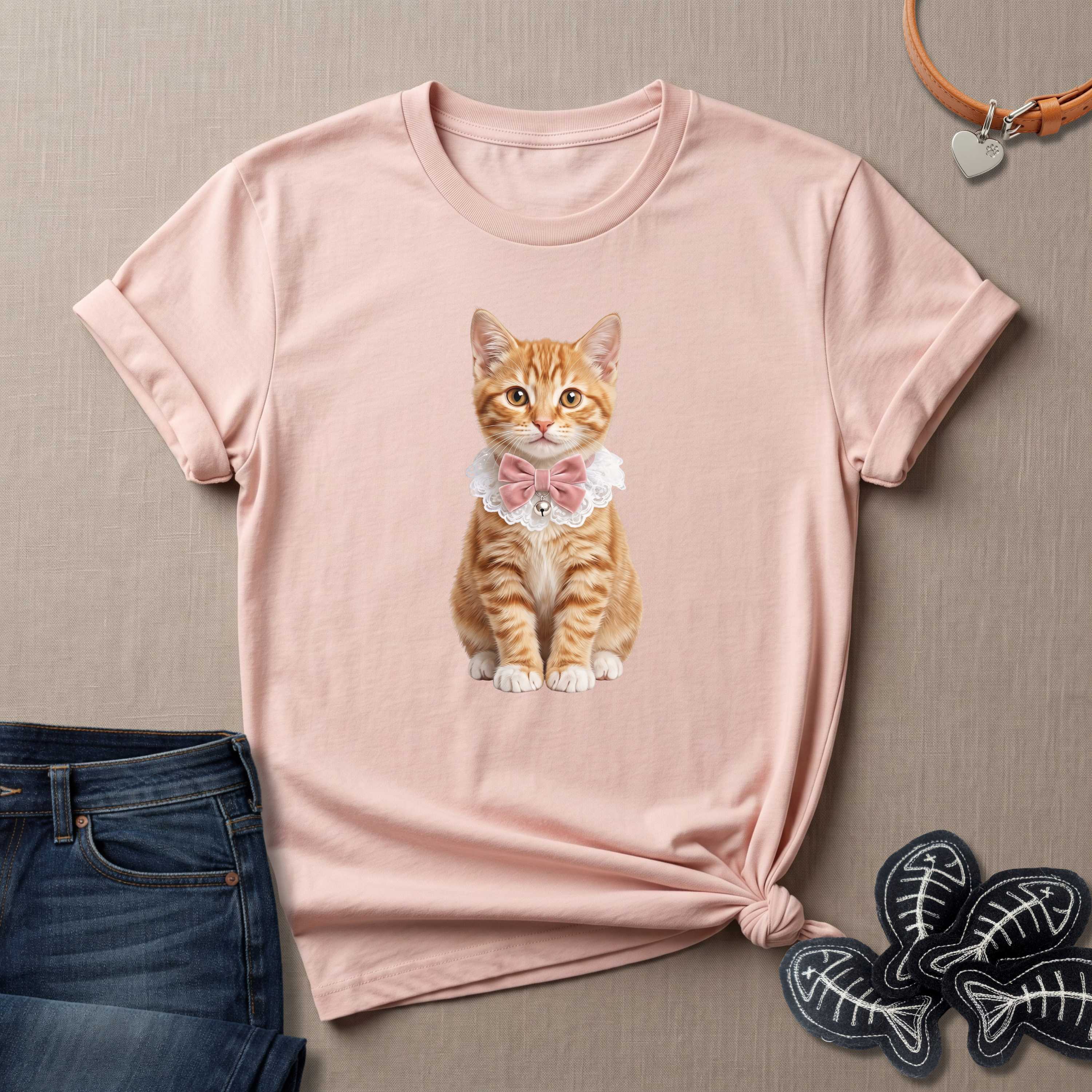 Orange Kitten with Bow and Bell Cat T-Shirt