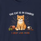 Navy blue t-shirt with a cat graphic and text 'The cat is in charge. I just live here.'