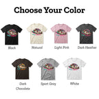 Set of t-shirts in various colors with a graphic design on a white background.