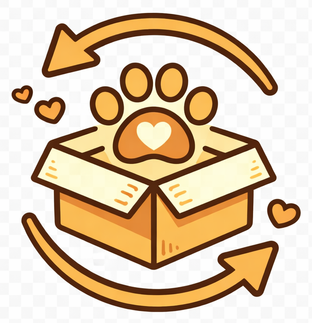 Illustration of a box with a paw print and hearts, surrounded by arrows on a white background.