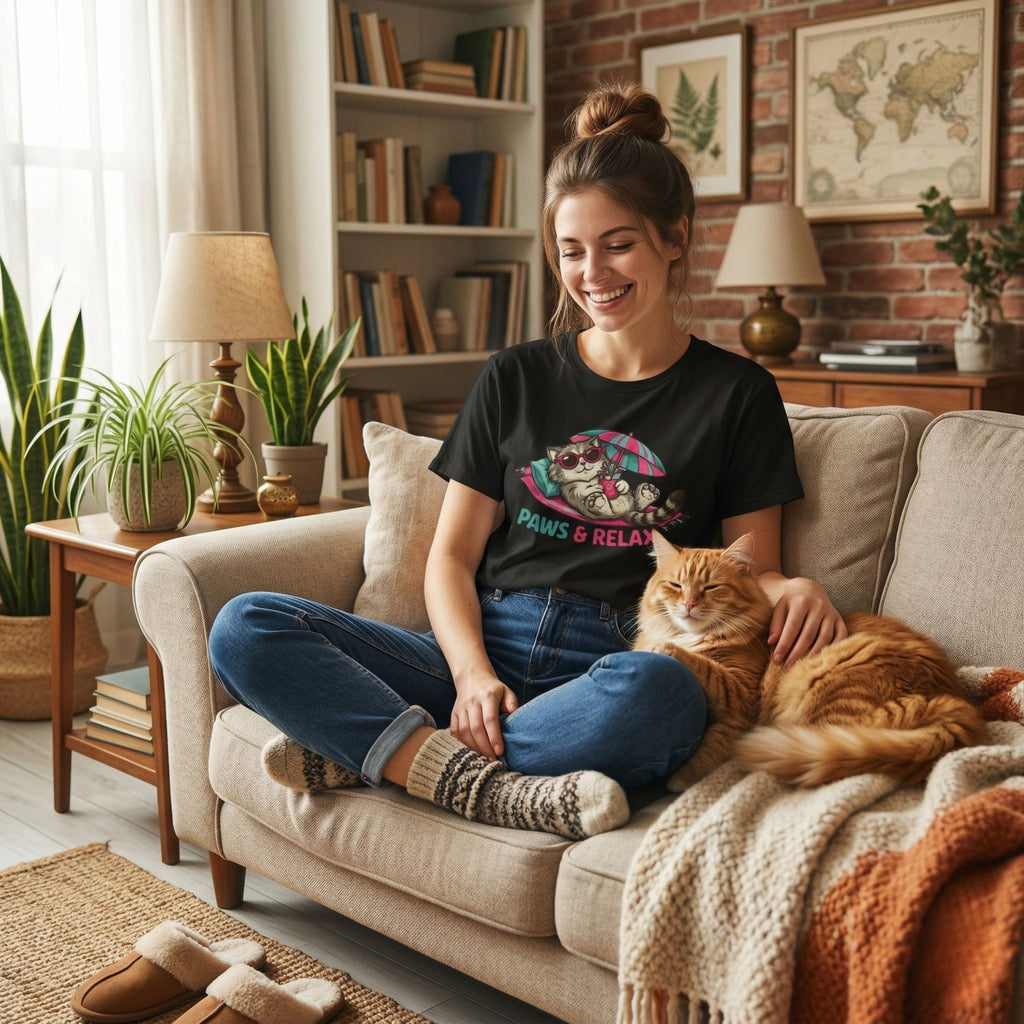 Woman sitting on a couch with a cat, surrounded by home decor elements.