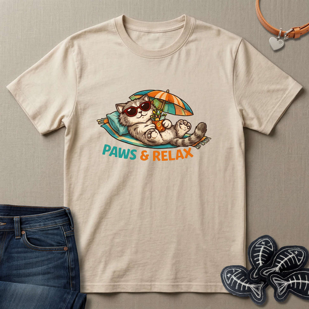 Beige t-shirt with a cat graphic and 'Paws & Relax' text on a beige background