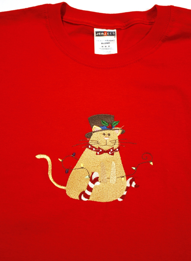 Top Hat Christmas Kitty on Red Tee