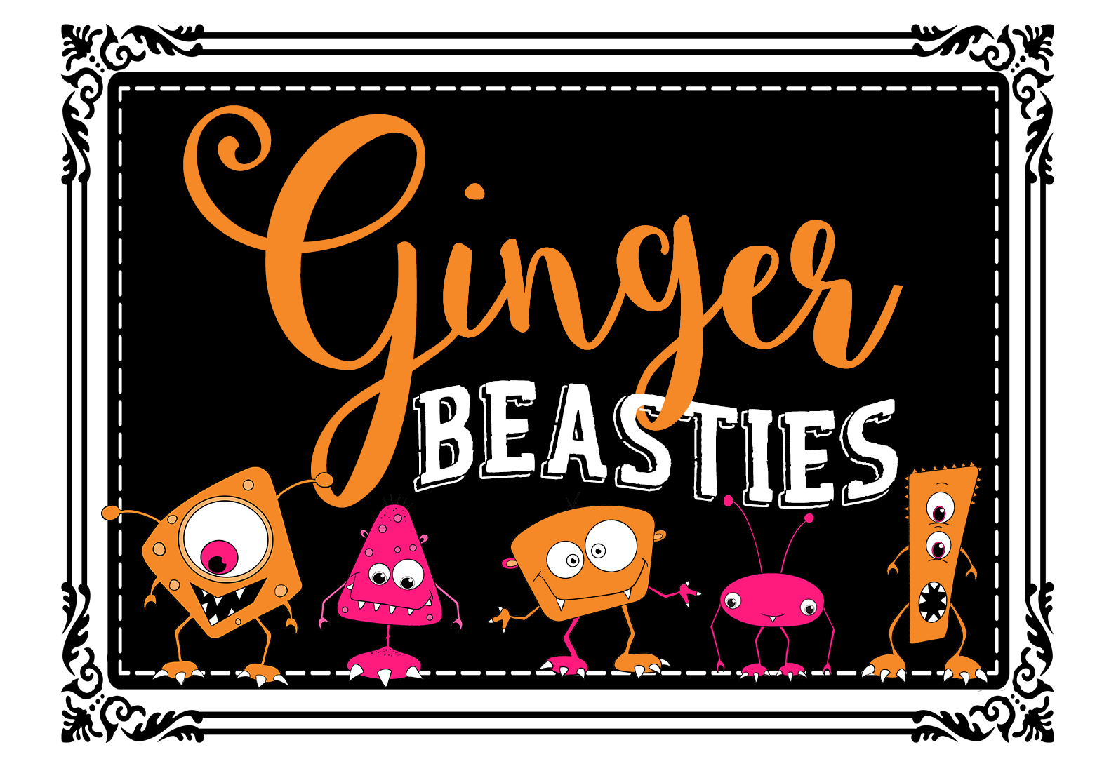 Ginger Beasties logo -monsters and name on black background with a frame