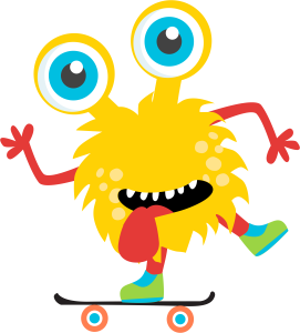 yellow furry whimsical monster on a skateboard